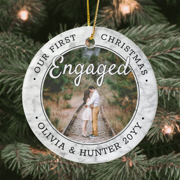 2 Photo Our First Christmas Engaged Faux Marble Ceramic Ornament