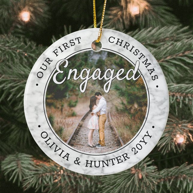 2 Photo Our First Christmas Engaged Faux Marble Ceramic Ornament (Creator Uploaded)