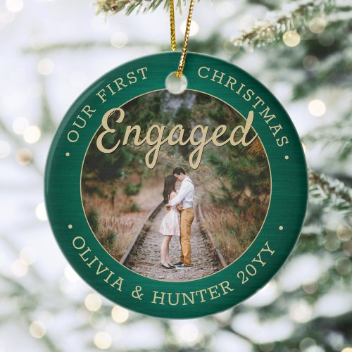 2 Photo Our First Christmas Engaged Green and Gold Ceramic Ornament