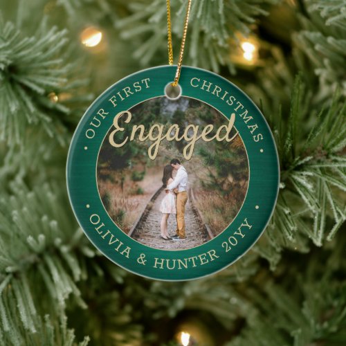 2 Photo Our First Christmas Engaged Green and Gold Ceramic Ornament