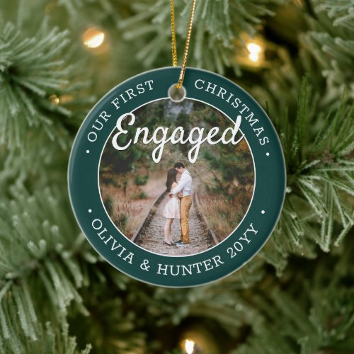 2 Photo Our First Christmas Engaged Green  White Ceramic Ornament