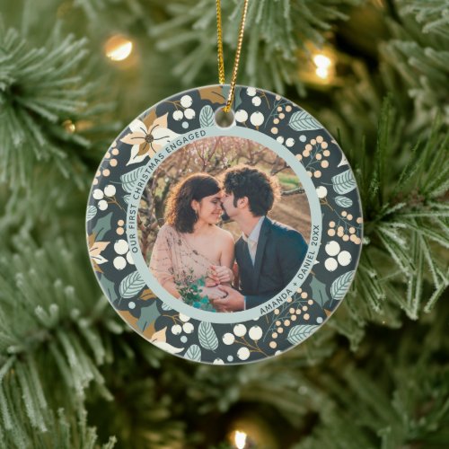 2 Photo Our First Christmas Engaged Moody Blue Ceramic Ornament