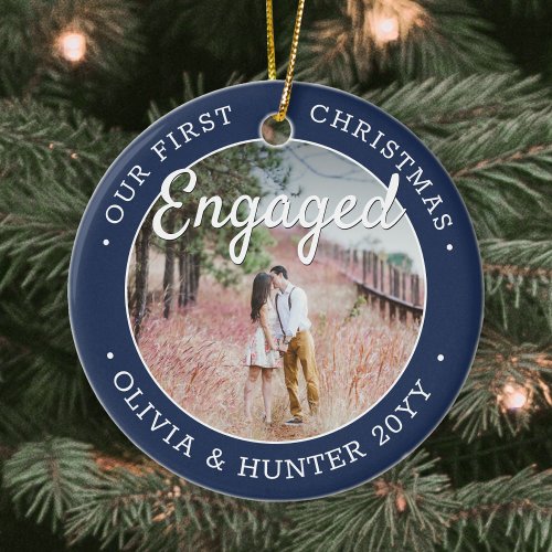 2 Photo Our First Christmas Engaged Navy and White Ceramic Ornament