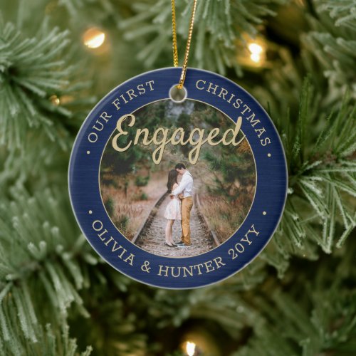 2 Photo Our First Christmas Engaged Navy Blue Gold Ceramic Ornament