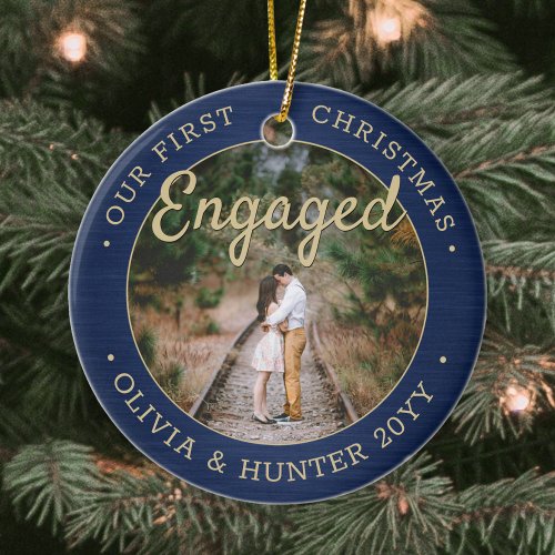 2 Photo Our First Christmas Engaged Navy Blue Gold Ceramic Ornament