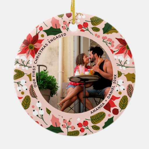 2 Photo Our First Christmas Engaged Pink Floral Ceramic Ornament | Zazzle