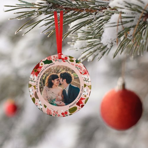 2 Photo Our First Christmas Engaged Pink Floral Ceramic Ornament