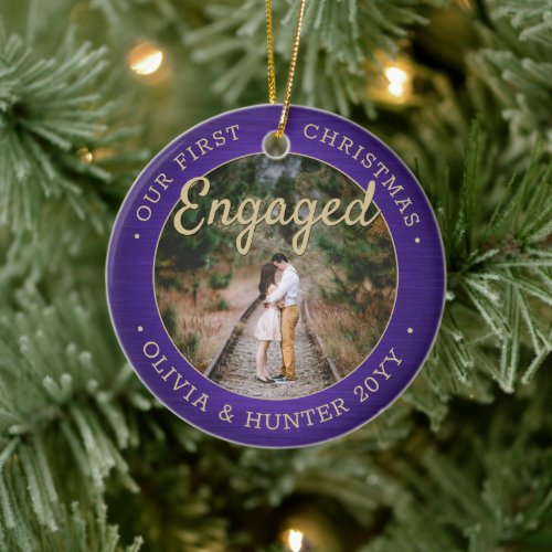 2 Photo Our First Christmas Engaged Purple  Gold Ceramic Ornament