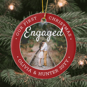 2 Photo Our First Christmas Engaged Red and White Ceramic Ornament