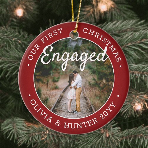 2 Photo Our First Christmas Engaged Red and White Ceramic Ornament