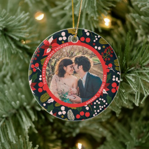 2 Photo Our First Christmas Engaged Red Blue Ceramic Ornament