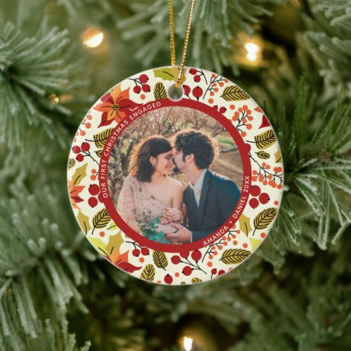 2 Photo Our First Christmas Engaged Red Orange Ceramic Ornament