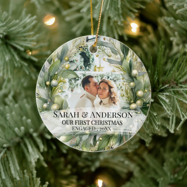 2 Photo Our First Christmas Engaged , Zengaged Ceramic Ornament (Tree)