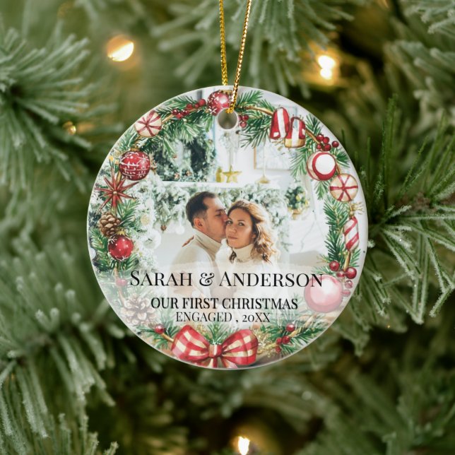 2 Photo Our First Christmas Engaged , Zengaged Ceramic Ornament (Tree)