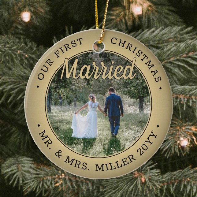 2 Photo Our First Christmas Married Black and Gold Ceramic Ornament (Creator Uploaded)