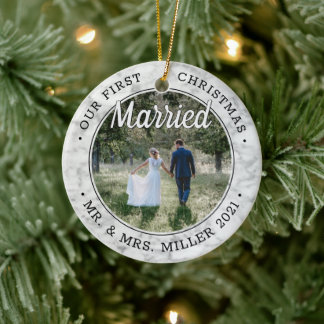 2 Photo Our First Christmas Married Faux Marble Ceramic Ornament