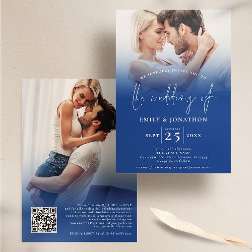  2 Photo Overlay Script QR Blue Wedding  Invitation