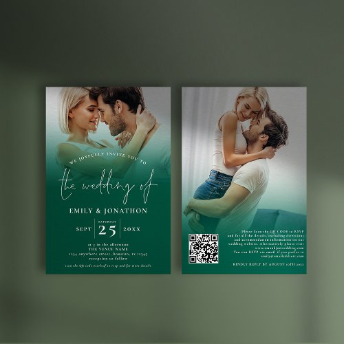  2 Photo Overlay Script QR Emerald Green Wedding  Invitation