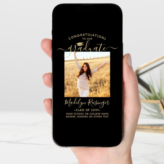 2 Photo Parents Congrats Black and Gold Graduation Announcement (Front Digital)