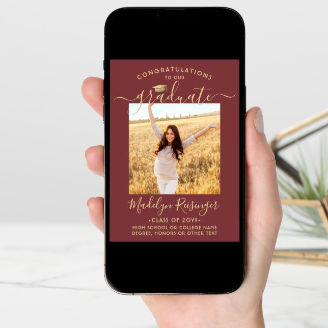 2 Photo Parents Congrats Burgundy Gold Graduation Announcement (Front Digital)