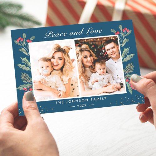 2 Photo Peace and Love Berries Floral Christmas Holiday Card