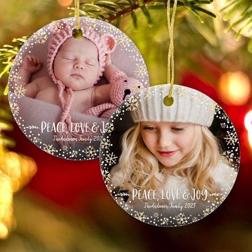 2 Photo Peace Love Joy Gold Snowflake Christmas Ceramic Ornament