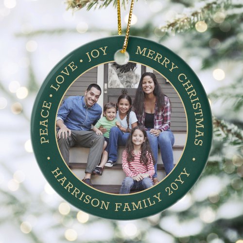 2 Photo Peace Love Joy Merry Christmas Green Gold Ceramic Ornament