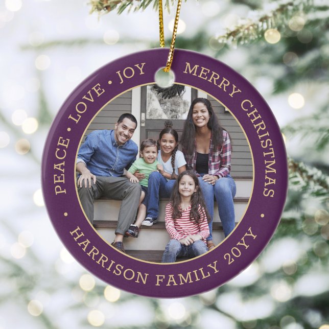 2 Photo Peace Love Joy Merry Christmas Purple Gold Ceramic Ornament (Creator Uploaded)
