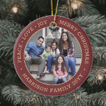 2 Photo Peace Love Joy Merry Christmas Red & Gold Ceramic Ornament<br><div class="desc">Celebrate the simple joys of the holidays with a custom two photo dark red and gold round ceramic ornament. All text and pictures on this template are simple to personalize and can be different or the same on front and back. If preferred, change "Peace Love Joy Merry Christmas" to any...</div>