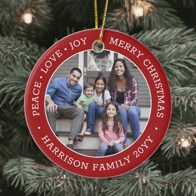 2 Photo Peace Love Joy Merry Christmas Red & White Ceramic Ornament (Creator Uploaded)