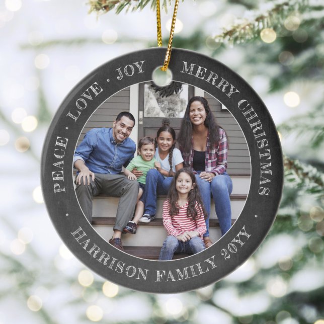 2 Photo Peace Love Joy Merry Xmas Faux Chalkboard Ceramic Ornament (Creator Uploaded)