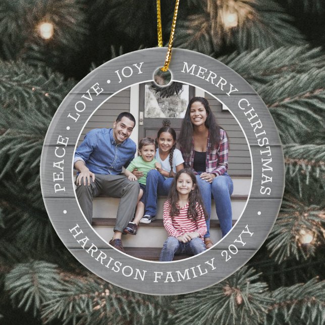 2 Photo Peace Love Joy Merry Xmas Faux Gray Wood Ceramic Ornament (Creator Uploaded)
