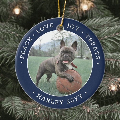 2 Photo Peace Love Joy Treats Cute Dog Navy Blue Ceramic Ornament