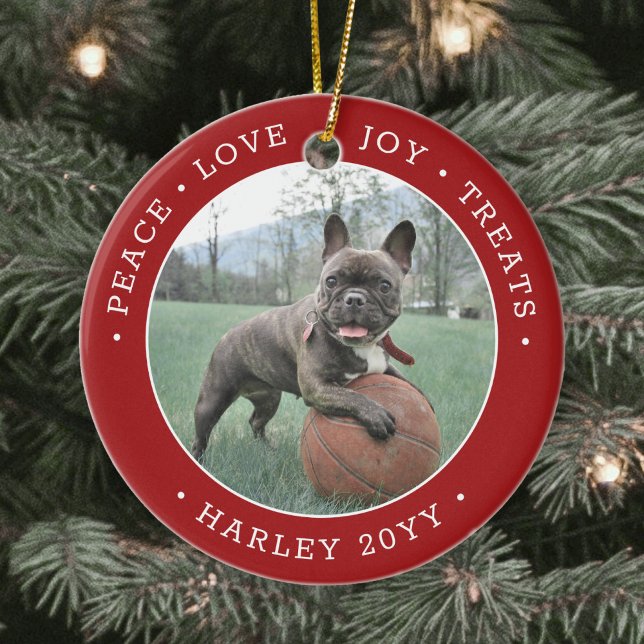 2 Photo Peace Love Joy Treats Cute Dog Red & White Ceramic Ornament (Creator Uploaded)