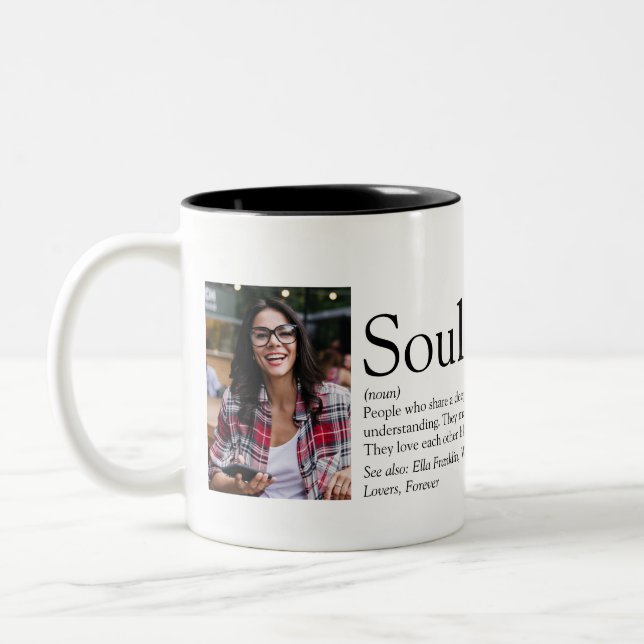 2 Photo Personalized Soulmates Definition Two-Tone Coffee Mug (Left)