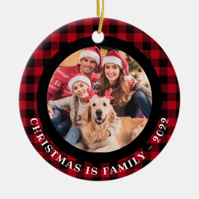2 photo Pet & Family Photos Buffalo Plaid  Ceramic Ornament (Front)