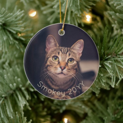 2 Photo Pet Name  Year Simple Gold Typography Ceramic Ornament