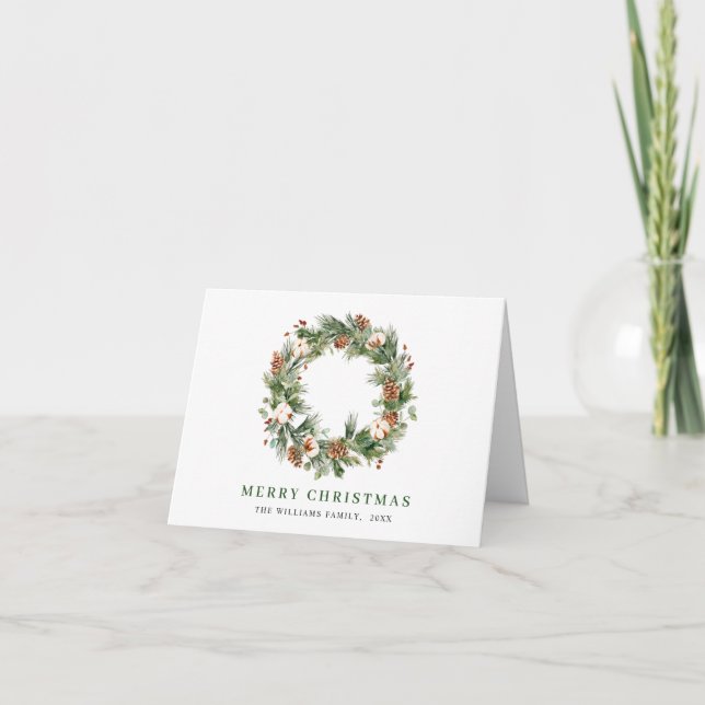 2 PHOTO Pine Cones Wreath Merry Christmas Greeting Holiday Card (Front)
