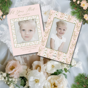 2 Photo Pink Floral Cottage Core Christmas Holiday Card