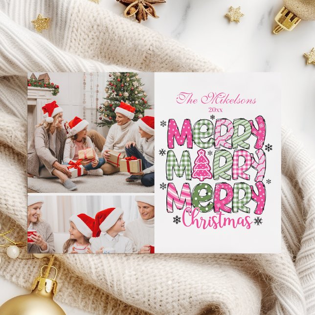 2 Photo Pink Green Merry Christmas Holiday Card (Creator Uploaded)