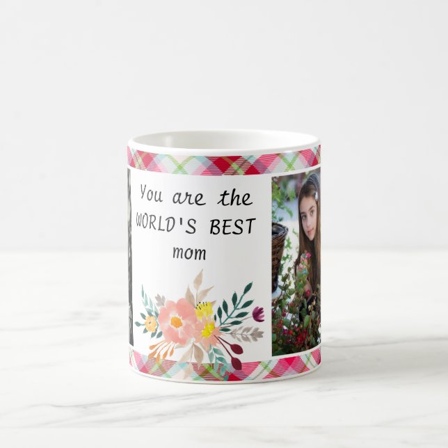 2 Photo Pink Plaid Floral World's Best Mom Coffee Mug (Center)