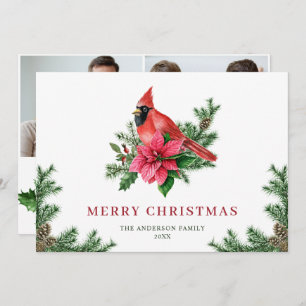 2 PHOTO Poinsettia Red Cardinal Christmas Greeting Holiday Card