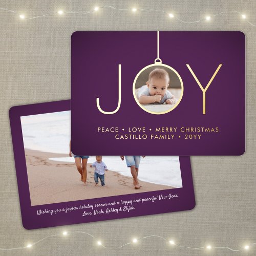 2 Photo Purple Modern Joy Christmas Ornament Foil Holiday Card