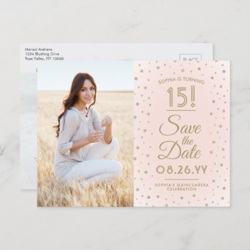 2 Photo Quinceanera Blush Pink Gold Save the Date Invitation Postcard