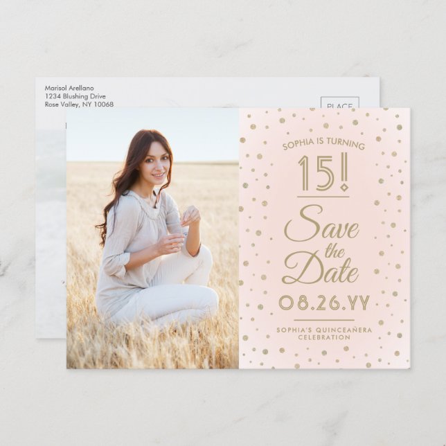 2 Photo Quinceanera Blush Pink Gold Save the Date Invitation Postcard (Front/Back)