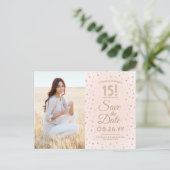 2 Photo Quinceanera Blush Pink Gold Save the Date Invitation Postcard (Standing Front)