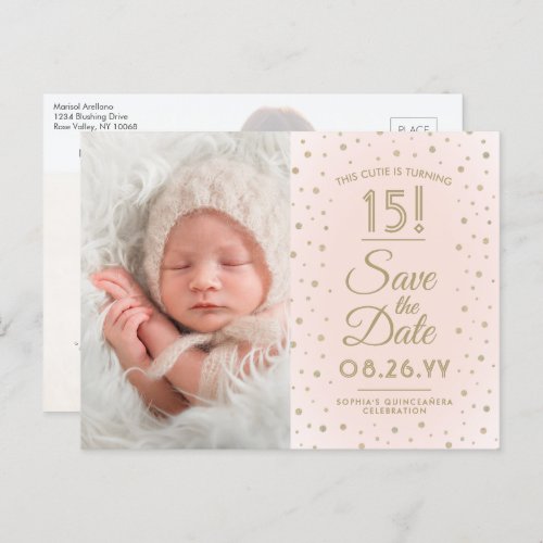 2 Photo Quinceanera Blush Pink Gold Save the Date Invitation Postcard