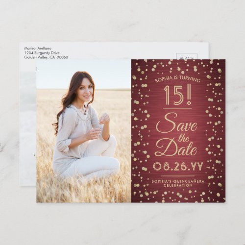 2 Photo Quinceanera Burgundy Gold Save the Date Invitation Postcard