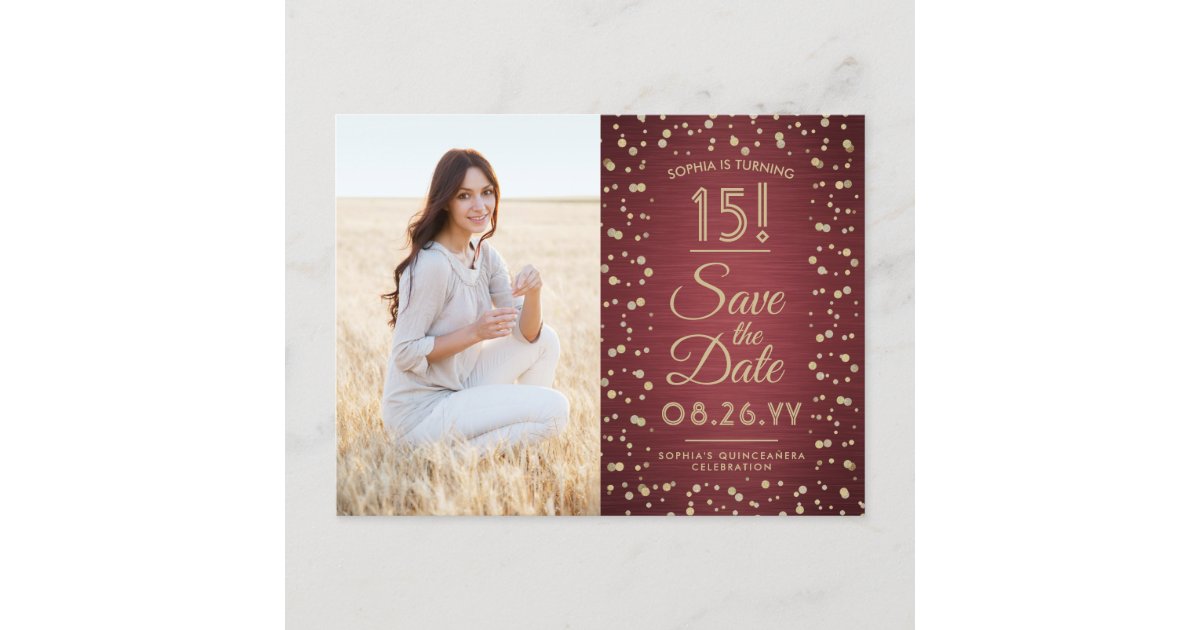 2 Photo Quinceanera Burgundy Gold Save the Date Invitation Postcard