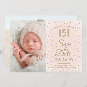 2 Photo Quinceanera Chic Blush Pink Gold Glitter Save The Date